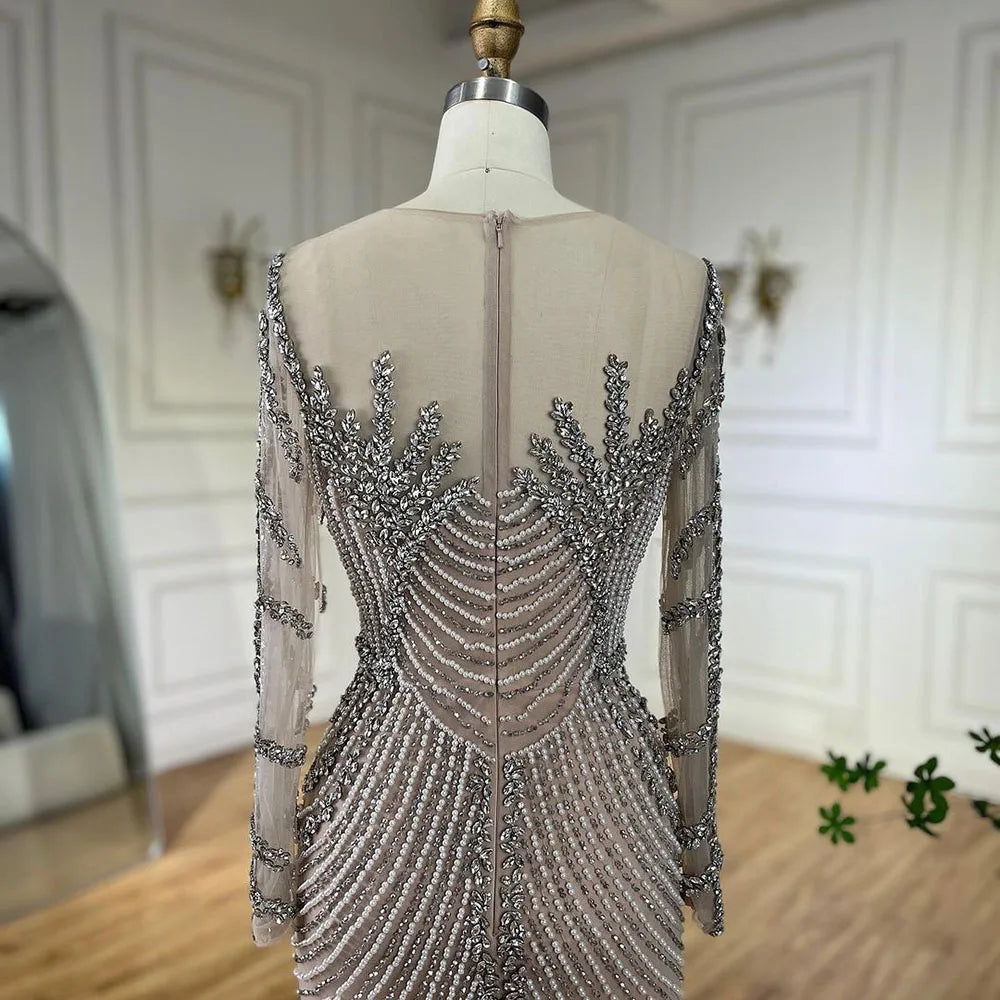 Customized Nude Long Sleeves Beaded Evening Dress With Pearl Gown For Women