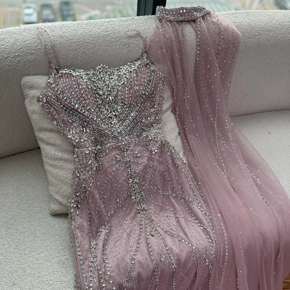 Pink Strapless Mermaid Evening Dress With Cape Beaded Custom Wedding Gown