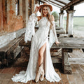 Bohemian Cold Shoulder Wedding Dress With Bell Sleeves And Side Slit