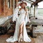 Bohemian Cold Shoulder Wedding Dress With Bell Sleeves And Side Slit
