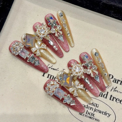10 uñas postizas románticas rosas brillantes hechas a mano, de lujo, con cristales de imitación brillantes, para usar en uñas postizas. 
