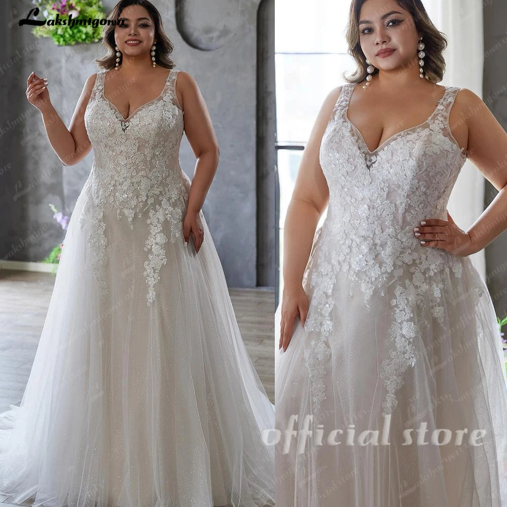 Custom Plus Size A Line Wedding Dress V Neck Tulle Appliques Bridal