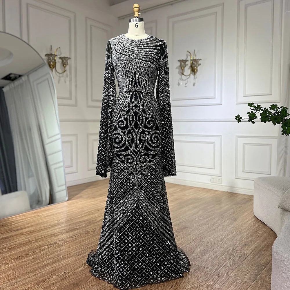 Custom Caramel Beaded Mermaid Evening Gown Flared Sleeves Party Dress
