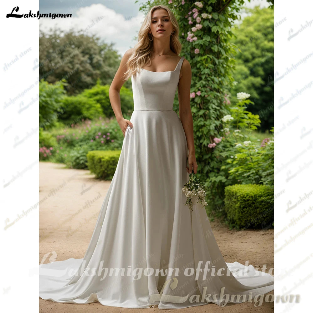 Custom Made Satin Spaghetti Straps A Line Square Neck Bridal Gown
