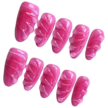 10 uñas postizas hechas a mano con diseño de gotas de agua en 3D, color rosa, almendra brillante, reutilizables, para salón de belleza. 