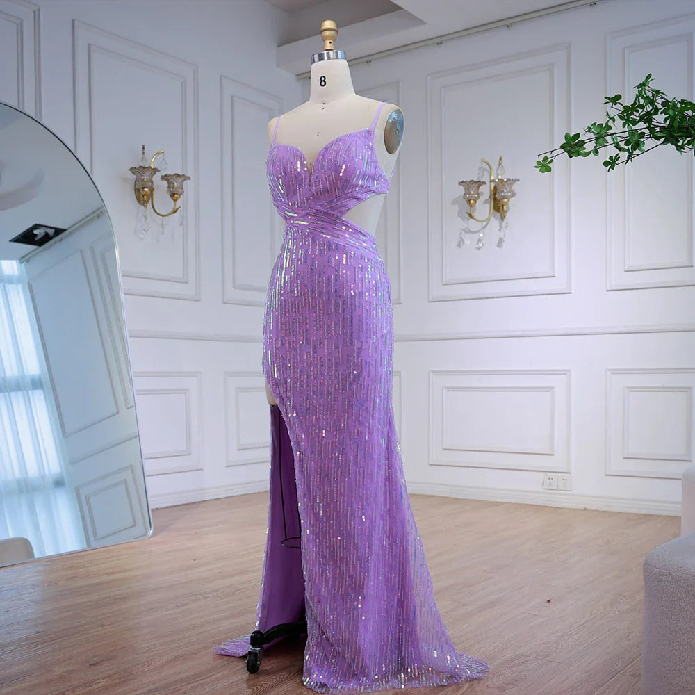 Vestido de gala lujoso morado con lentejuelas, abertura y cintura recortada LA73000