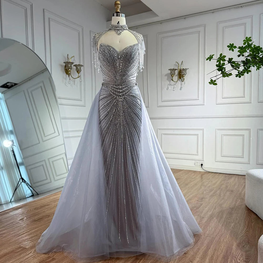 Nude Mermaid Tassel Beaded Evening Dress With Detachable Overskirt Custom