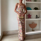 Summ Frauen Blumen Pailletten Flickwerk Enges Festliches Langes Kleid Trägerlos Modisches Maxikleid, Sexy Ärmelloses Damenkleid Kleider