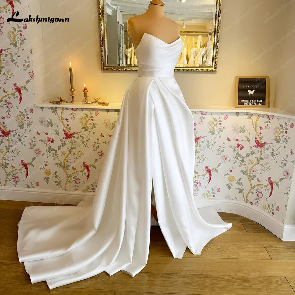 Lakshmigown Satin A Line Wedding Dress Sweetheart Neckline With Side Slit