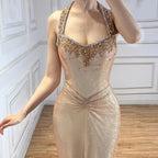 Rose Gold Mermaid Beaded Evening Dress With Ruched Waist Custom Wedding Gown
