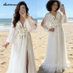 Floral Embroidered Chiffon A Line V Neck Wedding Gown Puff Sleeve Customized