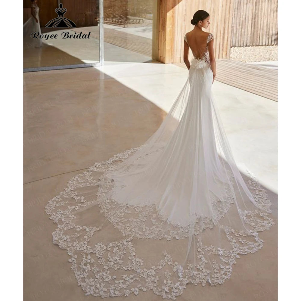 Royce Bridal Mermaid Lace Wedding Dress Cap Sleeve Low Back 3D Floral
