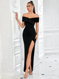 Black Off-Shoulder High Slit Maxi Dress for Evening Party Formal Occasion