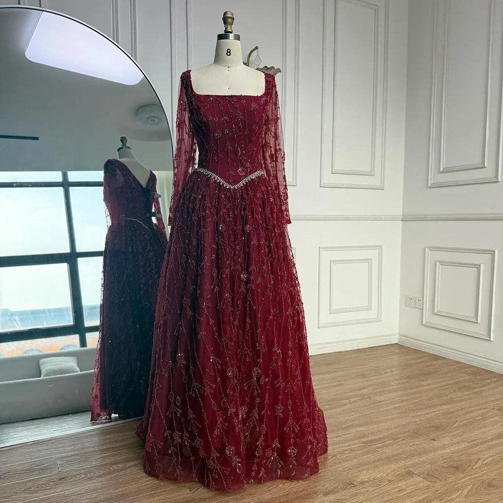 Luxury Sage Green Beaded Evening Dress with Long Sleeves LA72805B