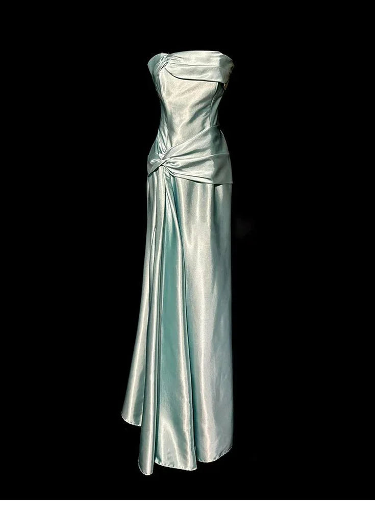 Vestido longo de cetim verde-sálvia elegante, sem alças, para baile e cerimónias Y8561