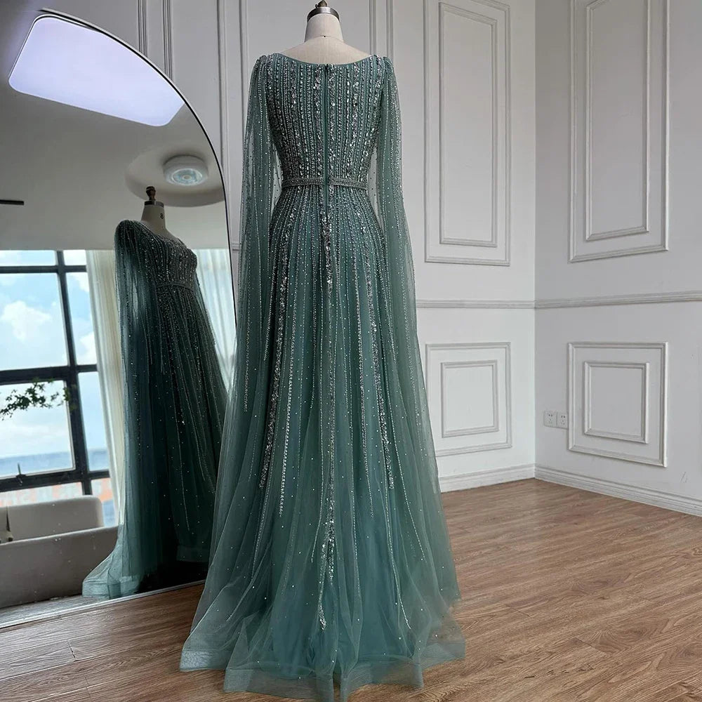 Women Turquoise Beaded Evening Gown Square Collar Cape Sleeves