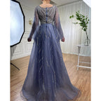 Custom Blue A Line Beaded Formal Evening Dress Arabian Wedding Gown For Women