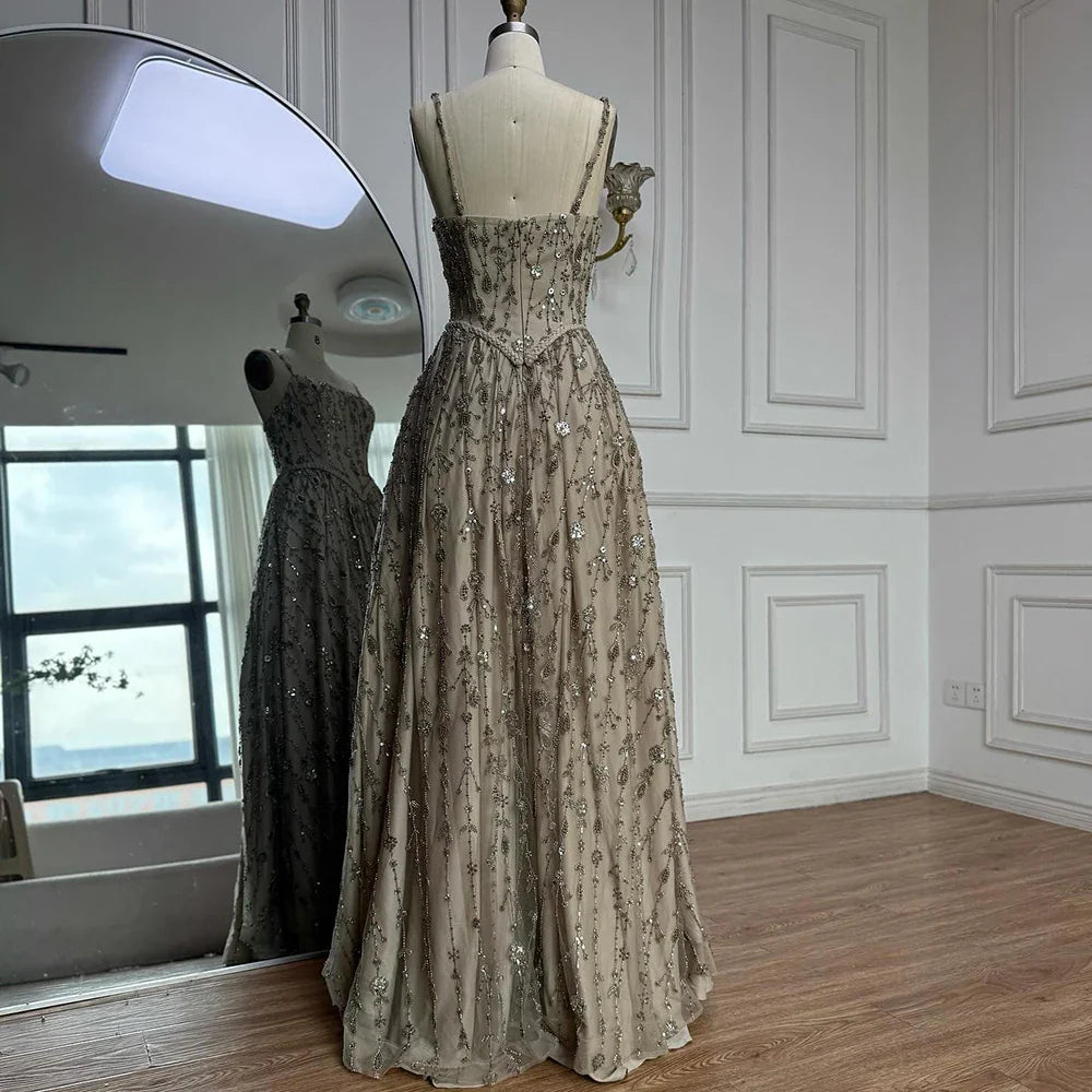 Luxury Sage Green Beaded A-Line Spaghetti Strap Evening Dress LA72805