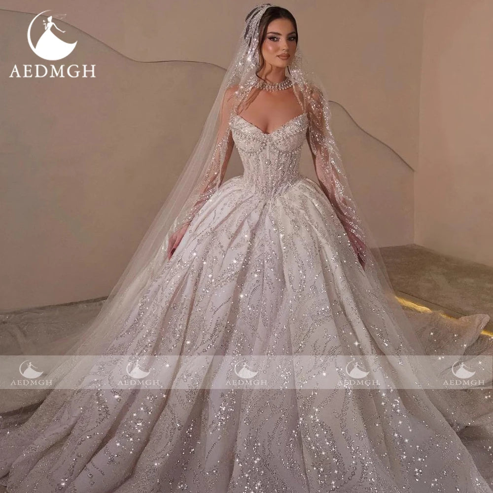 Aedmgh Custom Strapless Lace Beaded Sequined Bridal Ball Gown Wedding Dress