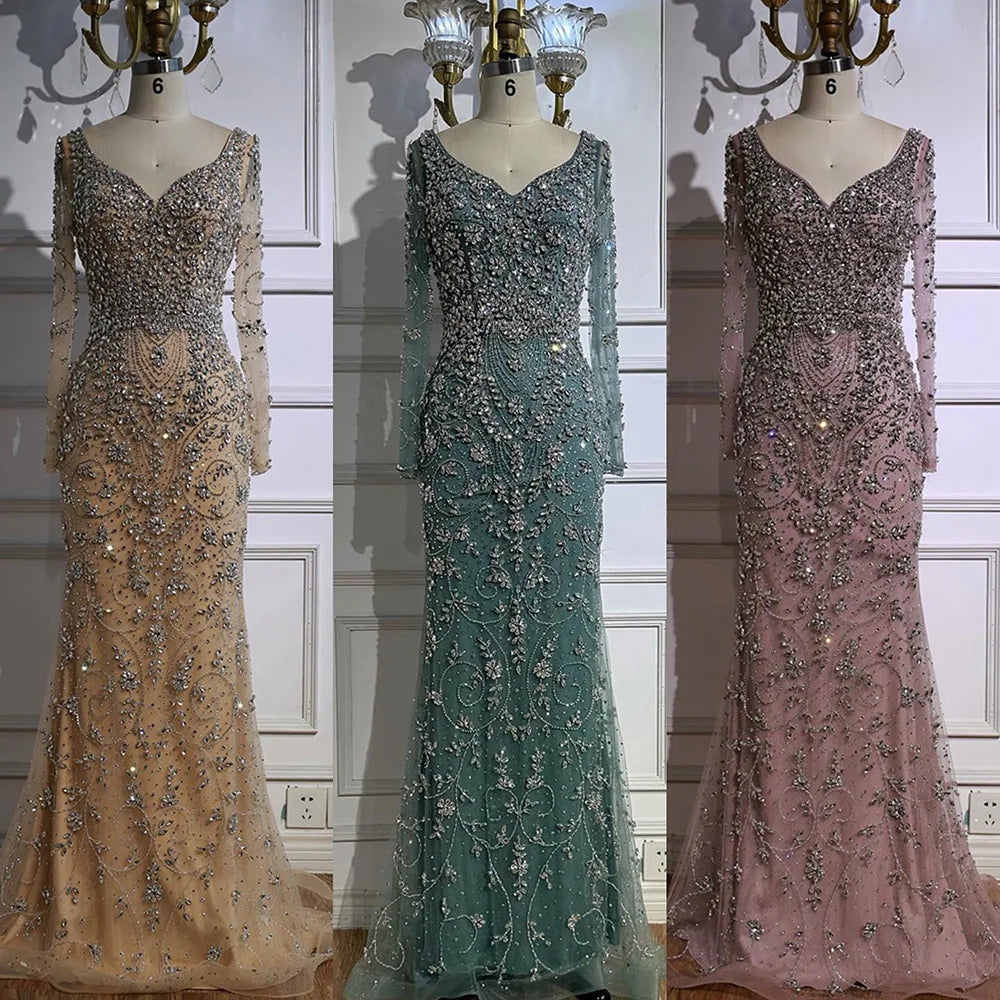 Serene Hill Turquoise Beaded Mermaid Long Sleeve Evening Gown