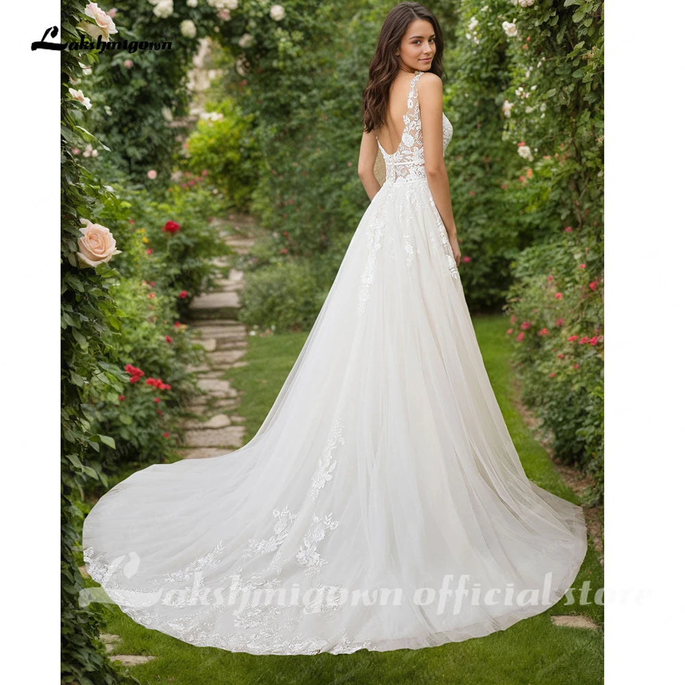 Custom A Line Plunging V Neck Wedding Dress With Tulle Skirt
