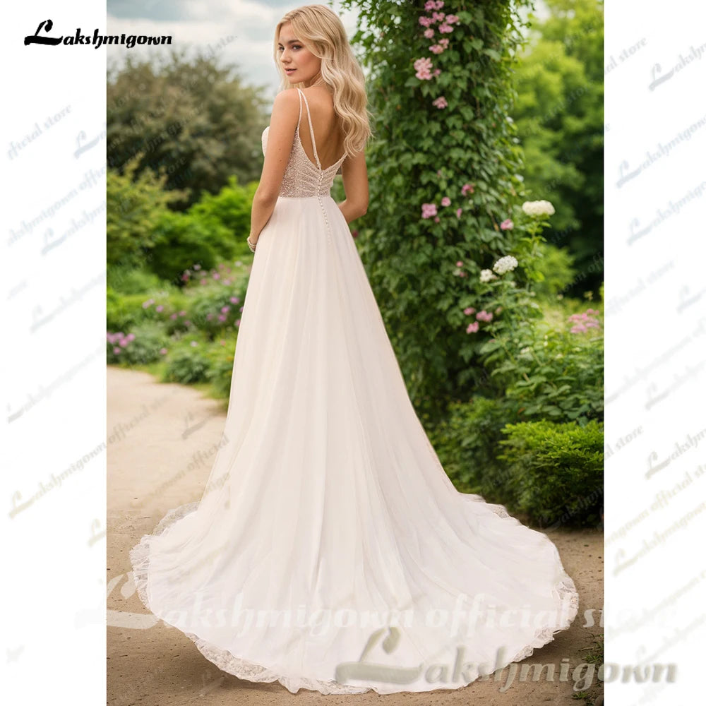 Custom Beach Boho Wedding Dress V Neck A Line Tulle Bridal Gown