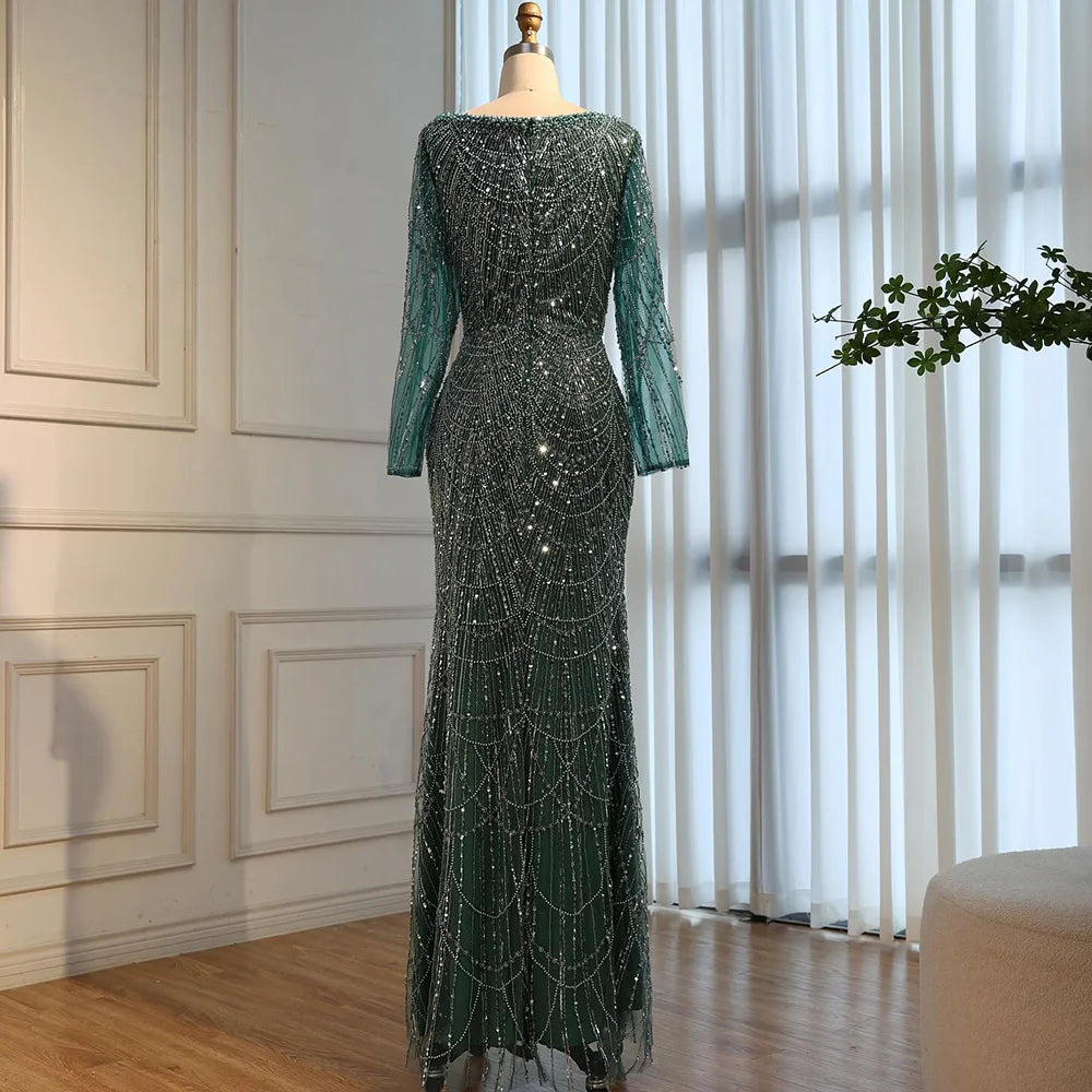 Green Square Neck Long Sleeve Mermaid Pearl Beaded Evening Party Gown Custom