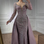 Blue Beaded Satin Evening Dress With Overskirt Long Sleeve Formal Gown