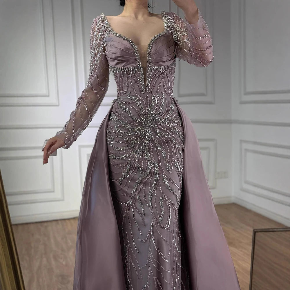 Blue Beaded Satin Evening Dress With Overskirt Long Sleeve Formal Gown