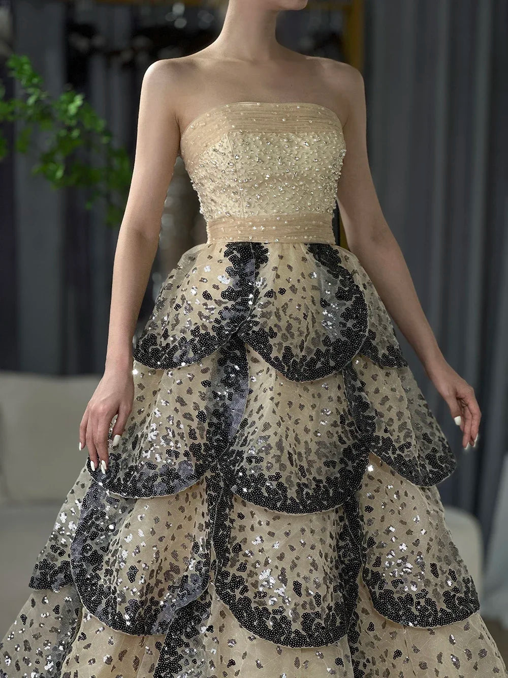 Serene Hill Custom Black Strapless Sequined Evening Prom Dress For Women