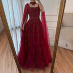 Custom Wine Red Cape Sleeves Beaded Evening Dress Women Formal A Line Gown