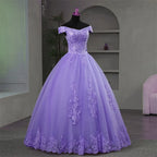 Schulterfreie lila Quinceañera-Kleider süßes Blumenfestkleid luxuriöse Applikationen Ballkleid echtes Foto Abschlussballkleid Boho Kleider