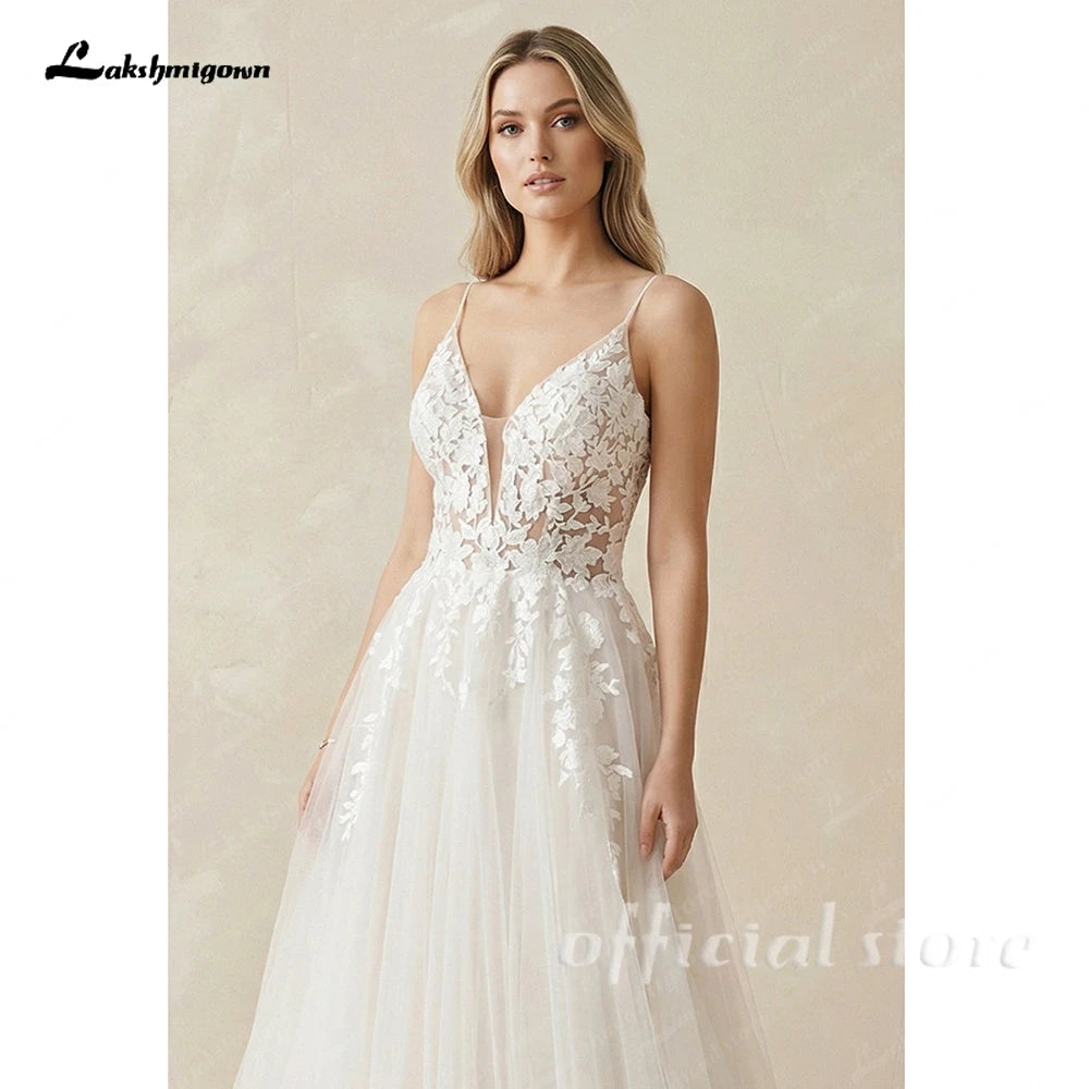 Lakshmigown Boho Lace Appliques Wedding Dress Spaghetti Straps Gown