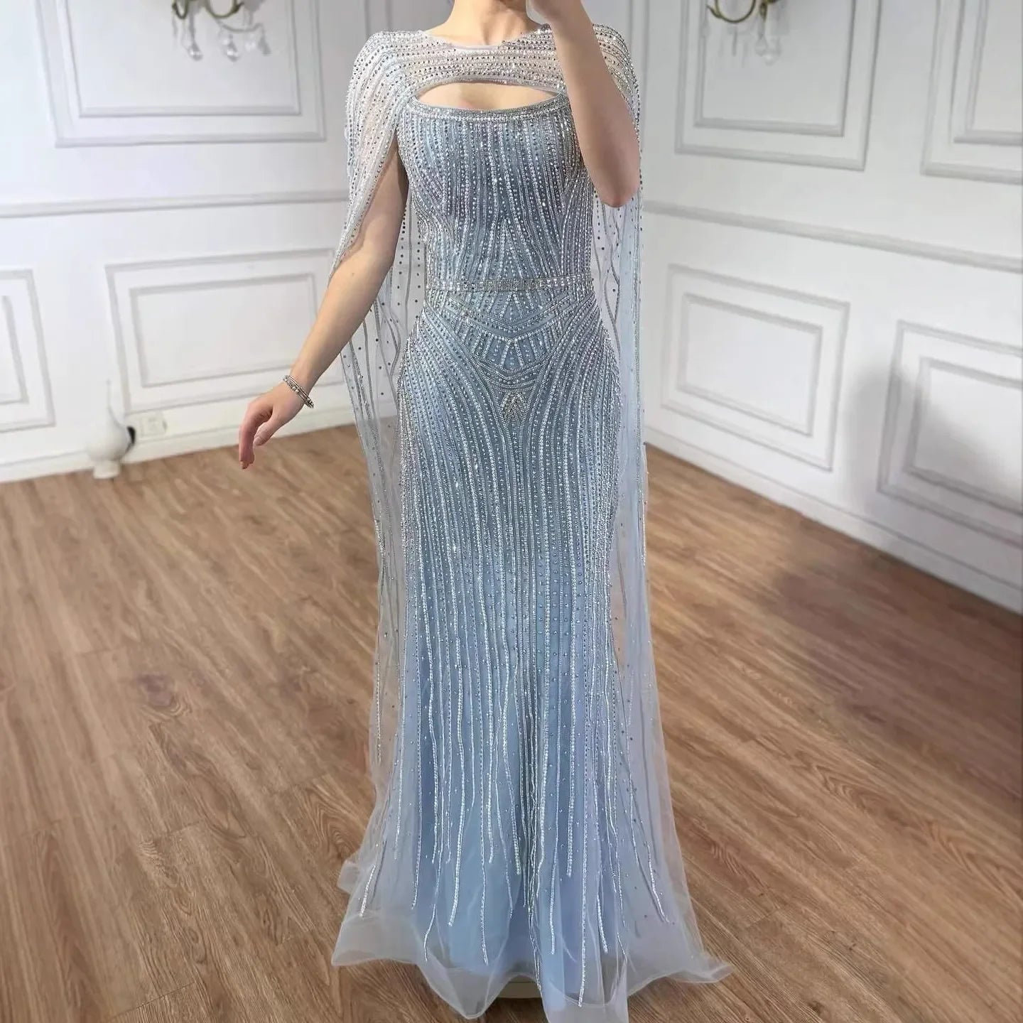 Luxury Blue Diamond Evening Dress With Cape LA73426