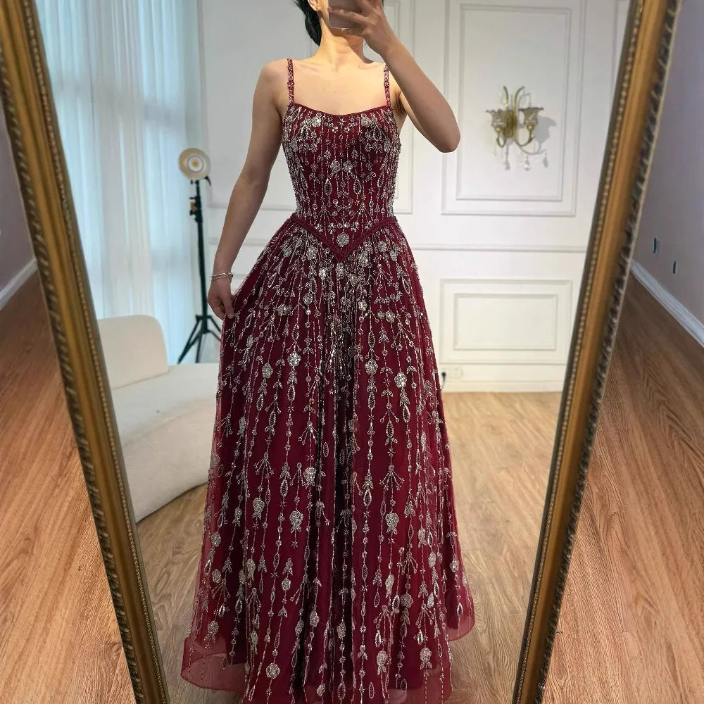 Luxury Sage Green Beaded A-Line Spaghetti Strap Evening Dress LA72805