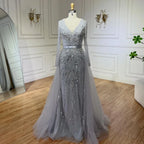 Custom Turquoise Mermaid Evening Dress Long Sleeve Beaded Gown