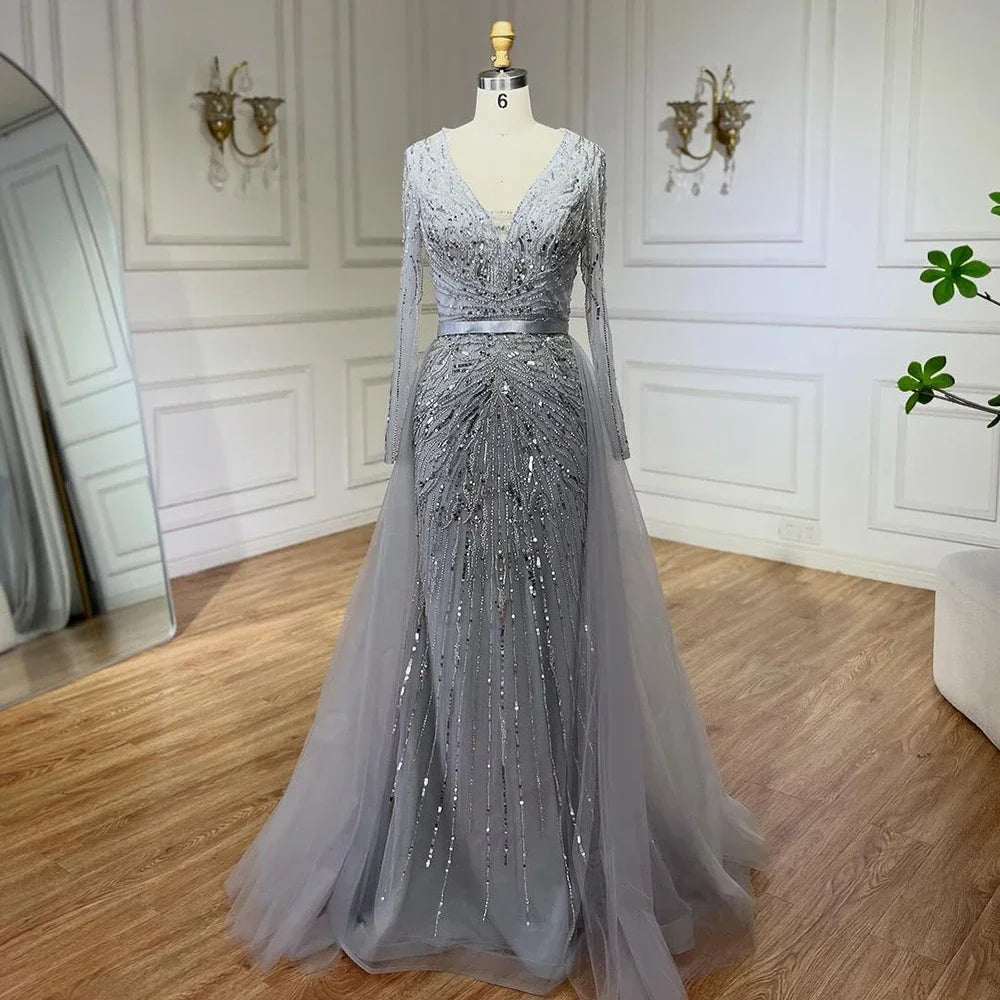 Custom Turquoise Mermaid Evening Dress Long Sleeve Beaded Gown
