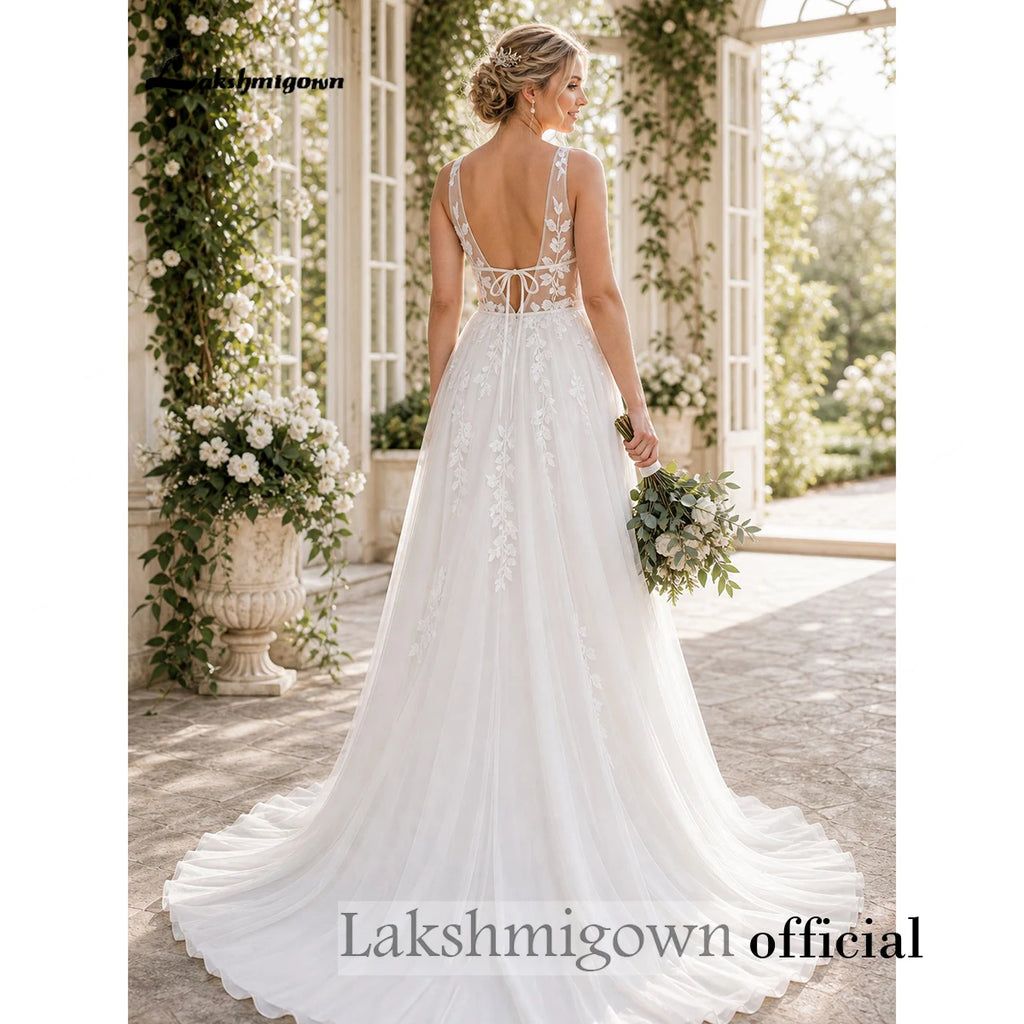Custom Tulle Bridal Gown Deep V Neck Sleeveless Lace Appliques Wedding Dress
