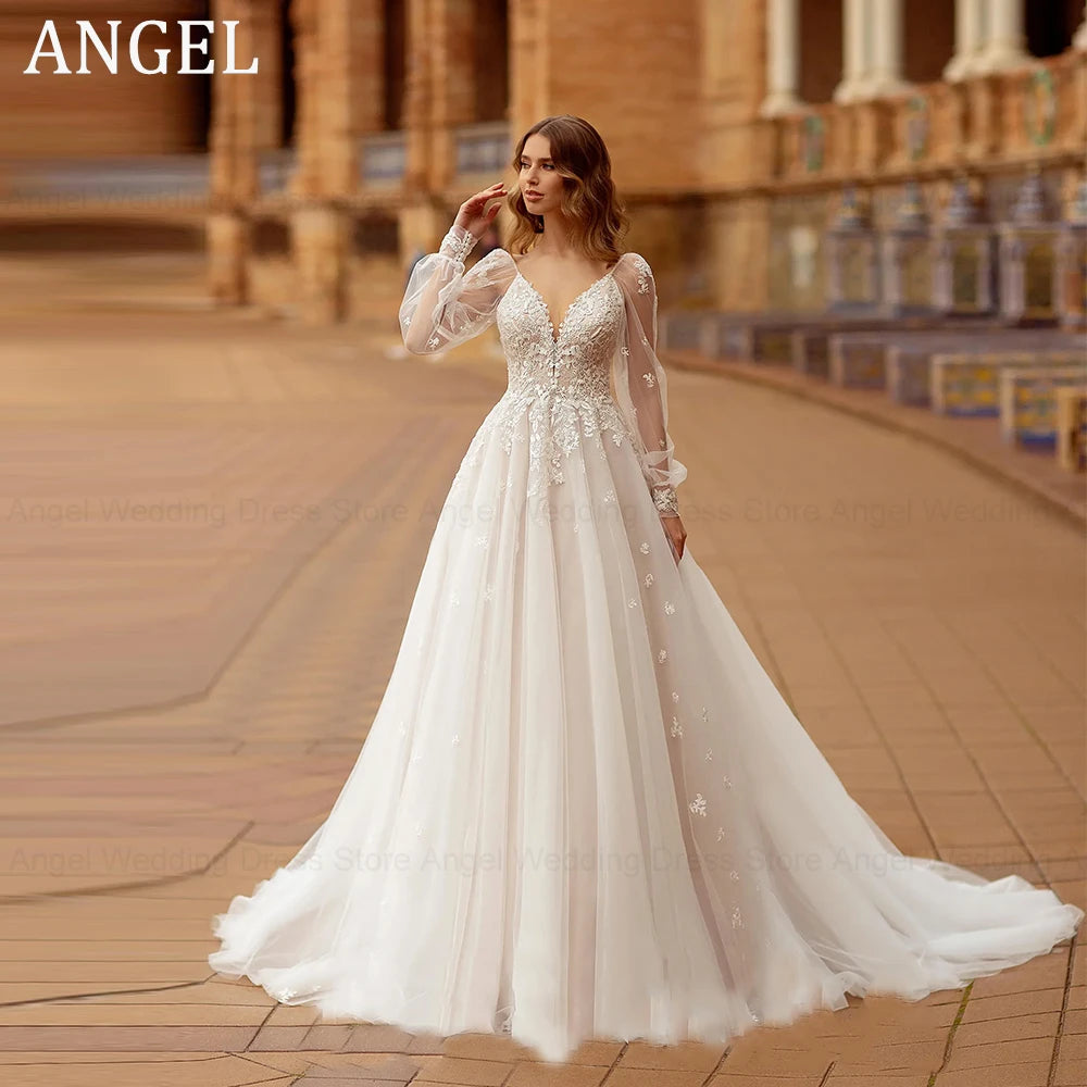 Boho Lace A Line Wedding Dress With Puff Sleeves Tulle Plus Size