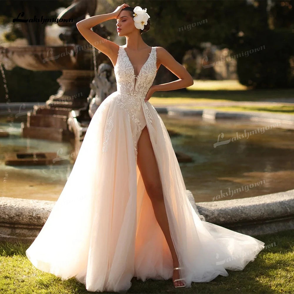 Romantic Deep V Neck Custom Bridal Gown With Floral Lace Sweep Train