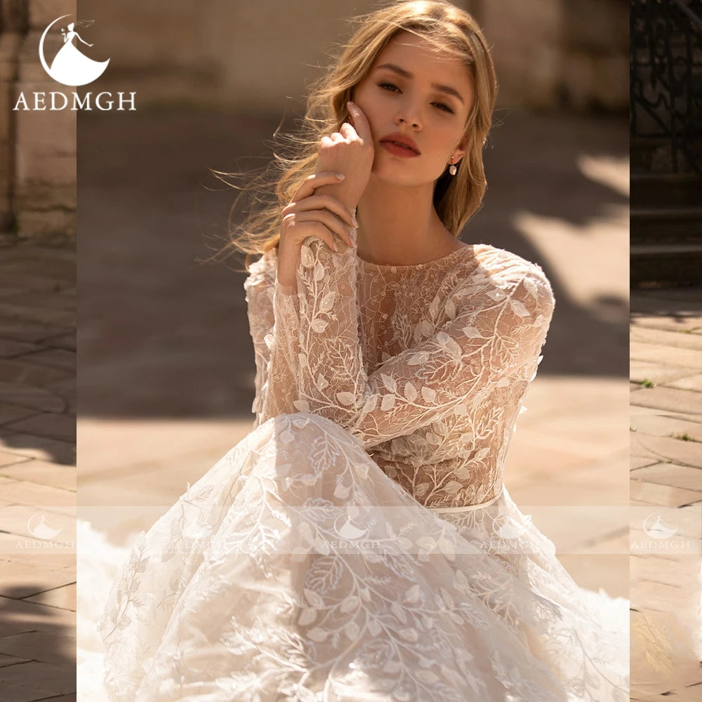 Boho A Line Wedding Dress Long Sleeve Lace Pearl Sequined Custom Bridal Gown