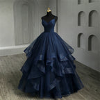 Marineblaue Quinceañera-Kleider mit Rüschen, V-Ausschnitt, Trägerbändchen, einfaches festliches verführerisches Prinzessinnenkleid Vestidos De Quinceañera