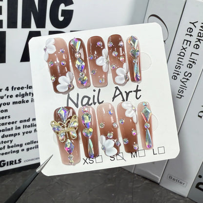 10 uñas postizas de lujo hechas a mano con diseño de ataúd brillante, con degradado marrón, blanco, flor, mariposa, diamante. 