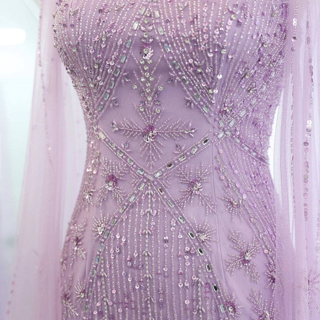 Sharon Said Luxus Dubai Aqua Flieder Meerjungfrau Abendkleid mit Umhangärmel und Überkreuzung Damen Hochzeitsfestkleid SS391 Maßgeschneidert
