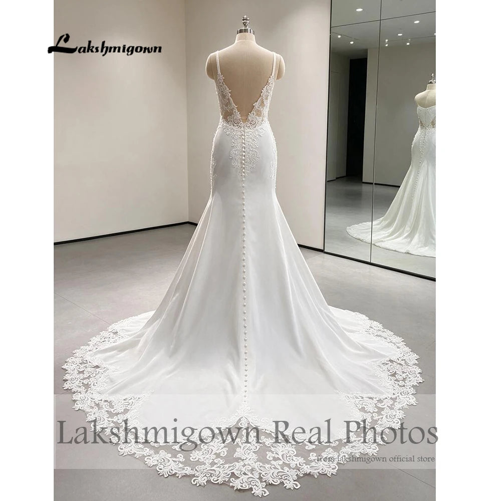 Custom Lace Mermaid Wedding Dress Beaded V Neck Spaghetti Straps Chapel Train