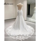 Custom Lace Mermaid Wedding Dress Beaded V Neck Spaghetti Straps Chapel Train