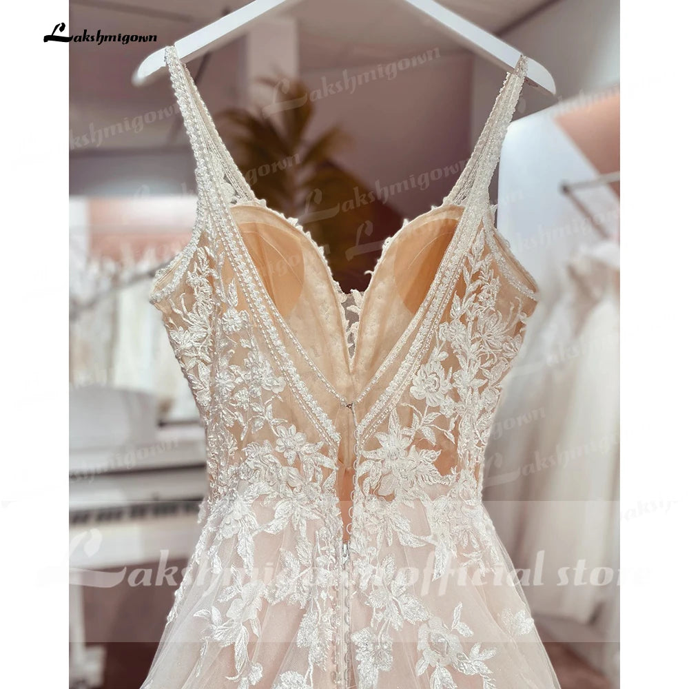 Boho A Line Tulle Sexy Beach Wedding Dress Illusion Appliques Open Back Gown