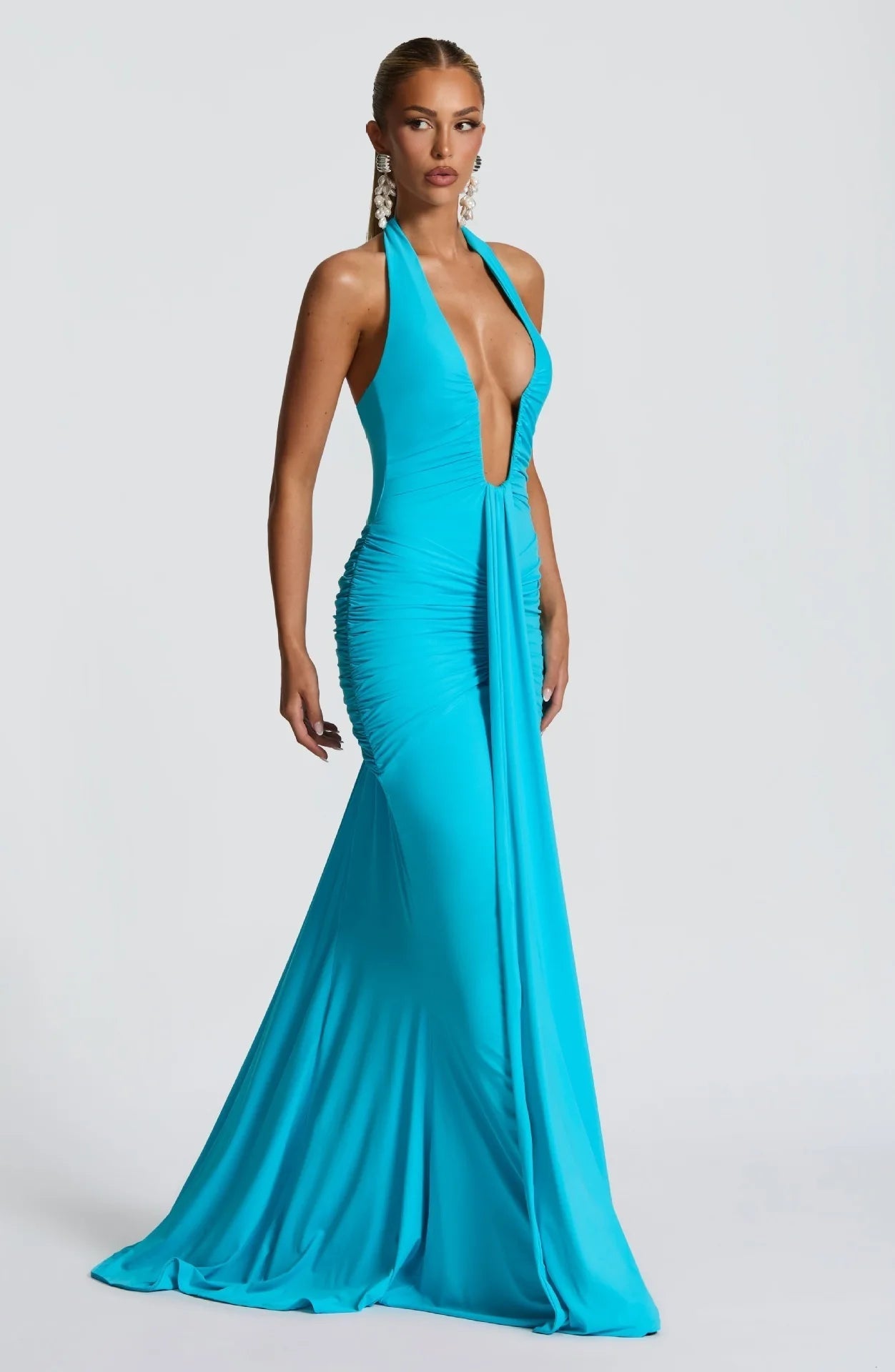 Deep V Neck Draped Ruched Sexy Maxi Dress Women Summer Fashion Halter Sleeveless Backless Club Party Long Dress Elegant BM98