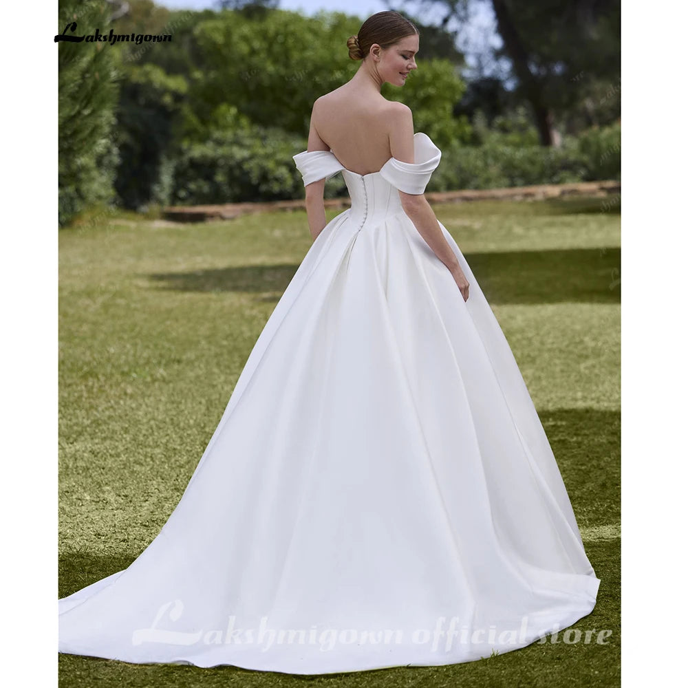 Pleat Off The Shoulder A Line Wedding Dress Custom Sweep Train