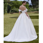 Pleat Off The Shoulder A Line Wedding Dress Custom Sweep Train